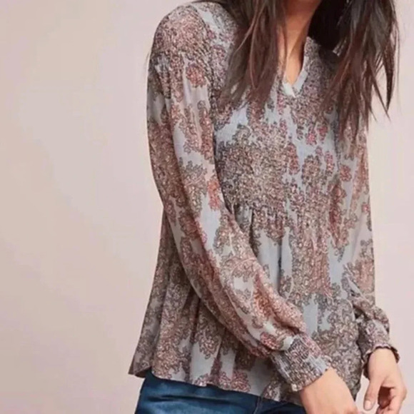 Anthropologie Akemi+Kin Blue Adria Smocked TOP - Picture 1 of 7